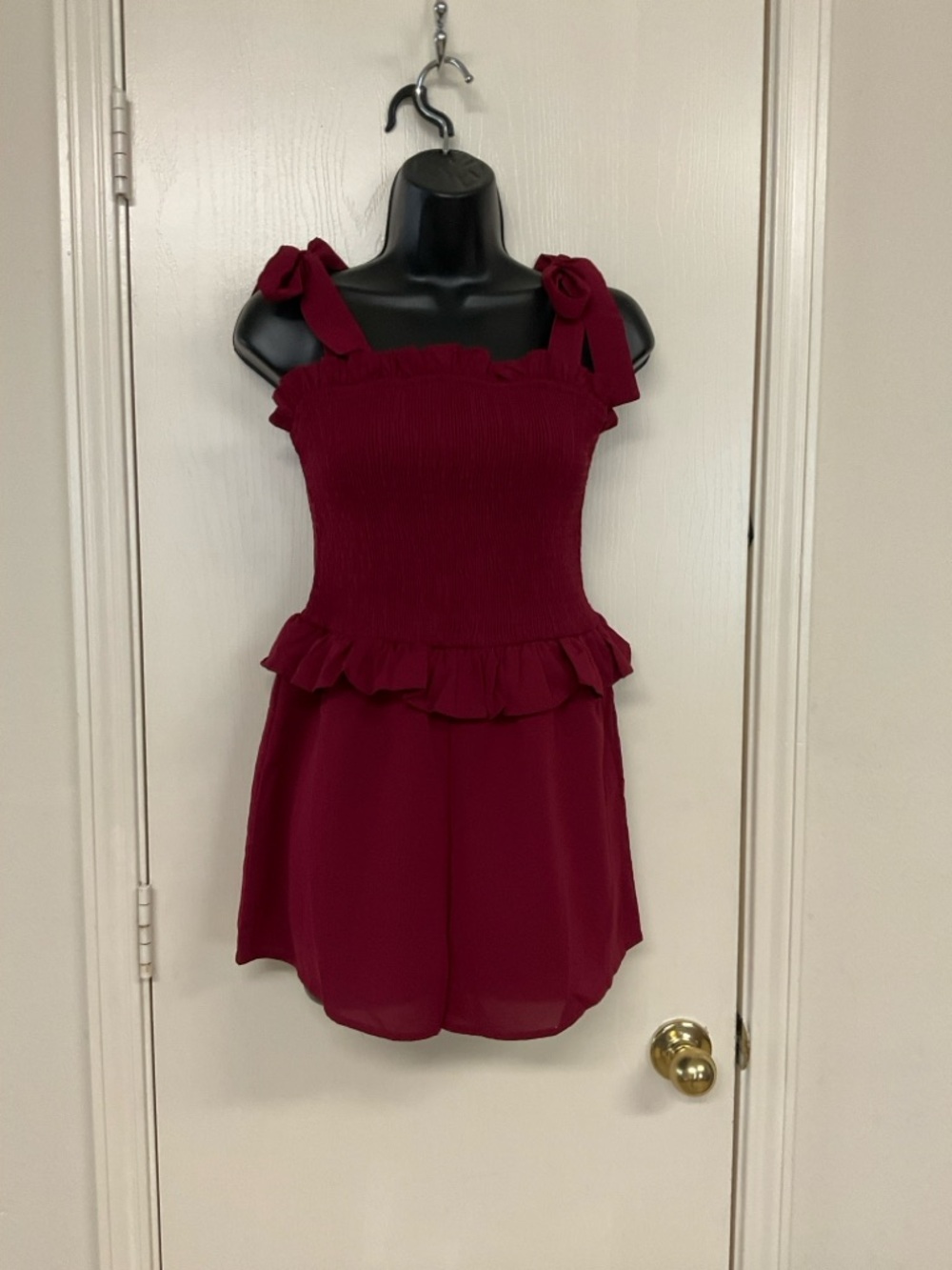 Pant Store Burgundy Smocked Tie-Shoulder Romper with Peplum
